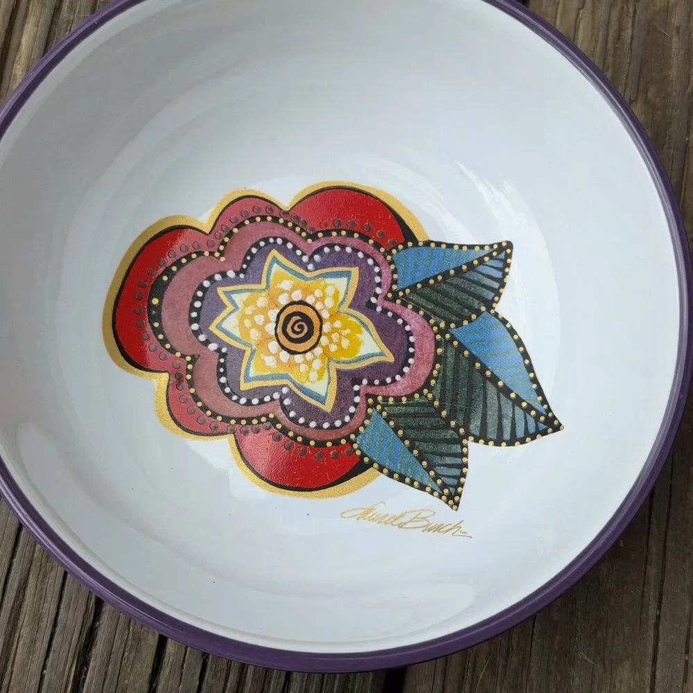 Laurel Burch Cat Floral Ceramic Plate & Bowl Set of 2 Purple 6”